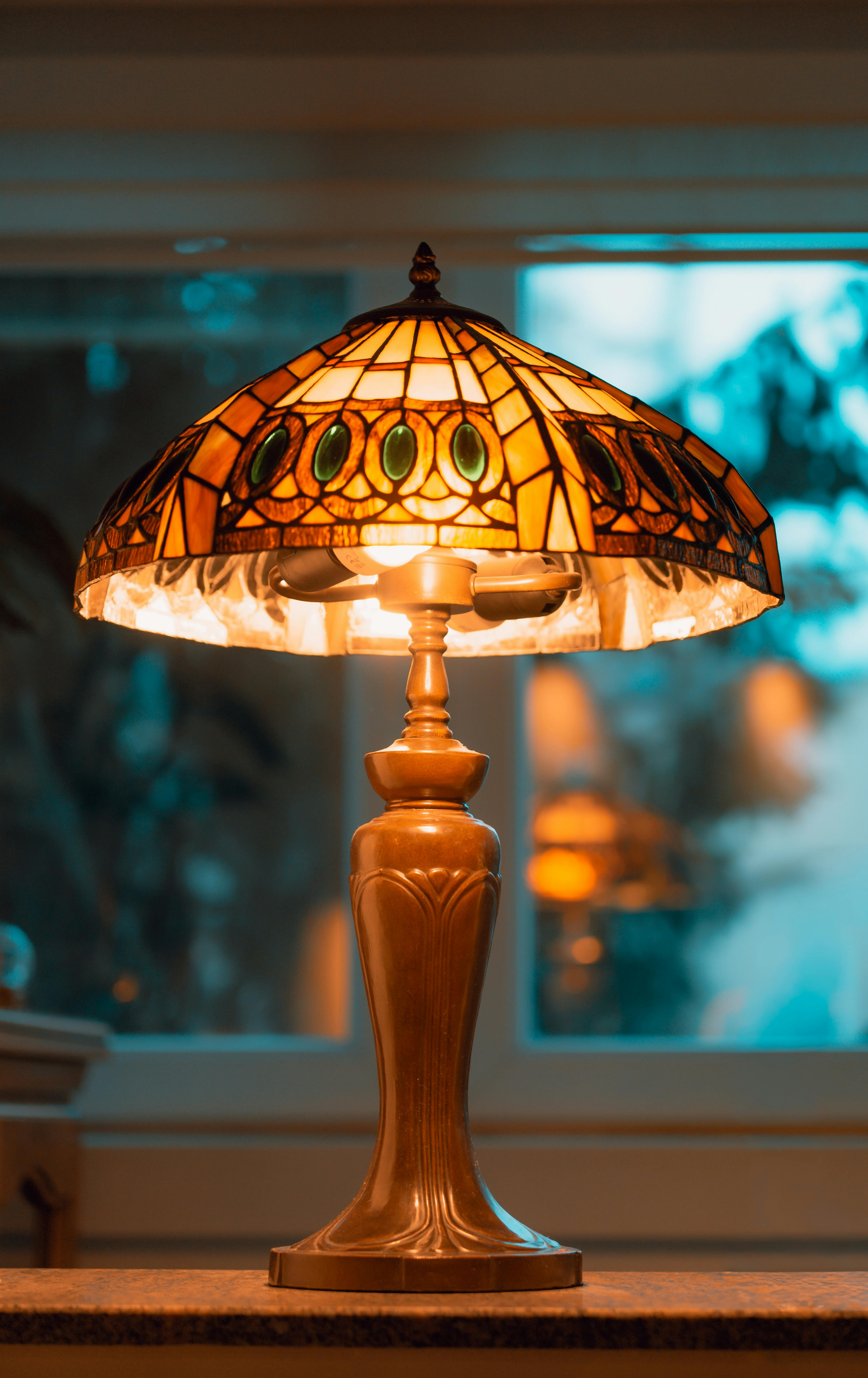 Decorative lamps glowing on workspace table