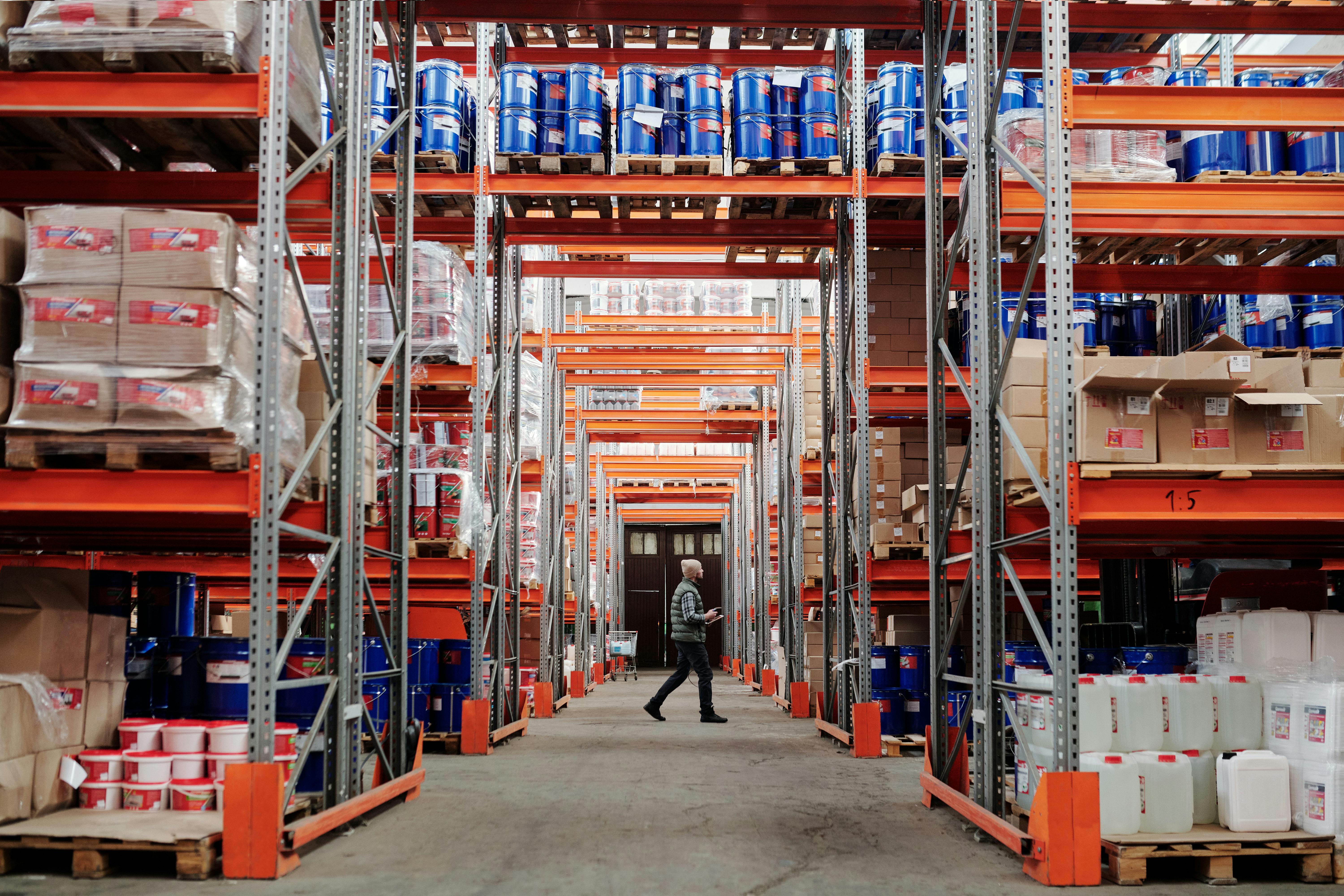 Clear storage containers on shelves